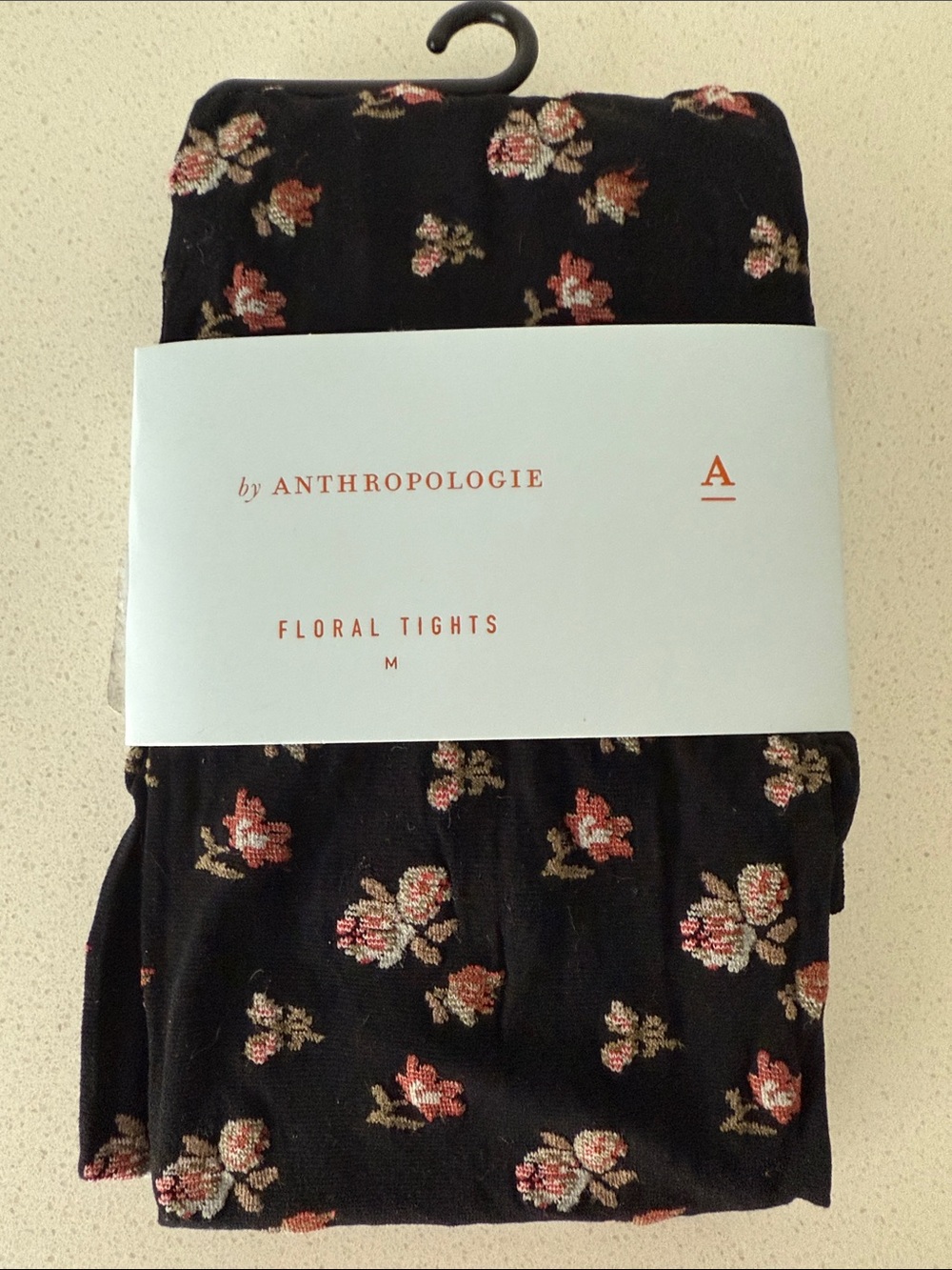 Anthropologie Black Floral Tights with Pink and Cream Blooms
